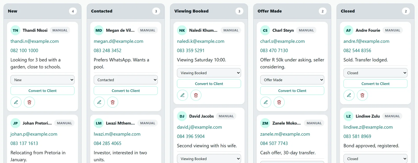 The ErfFind leads pipeline: lead cards in New, Contacted, Viewing Booked, Offer Made and Closed columns